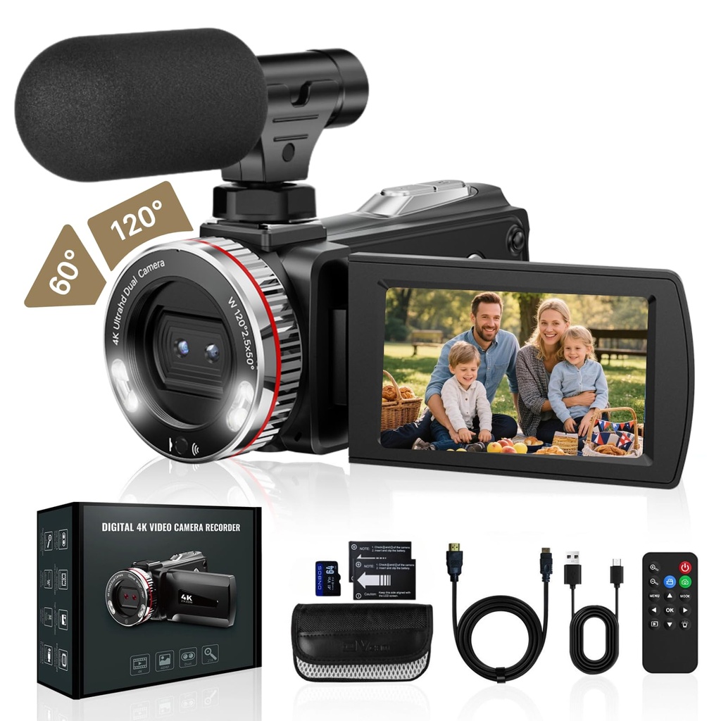 Euiivnt 4K Camcorder Video Camera, Vlogging Camera for YouTube with External Mic