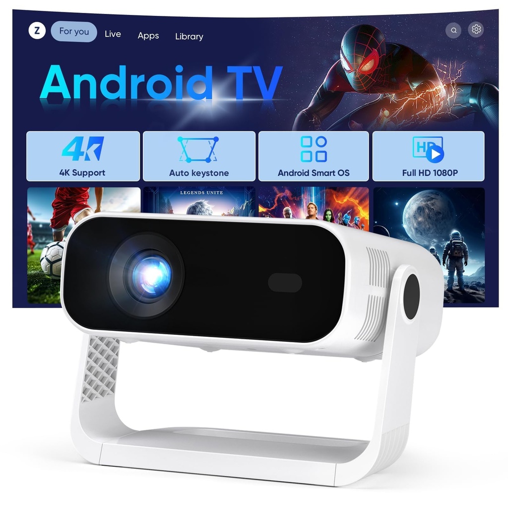 2026 New Smart Projector Built-in Apps, Android 14, Native 1080P 4K Supported WiFi 6 Blueto