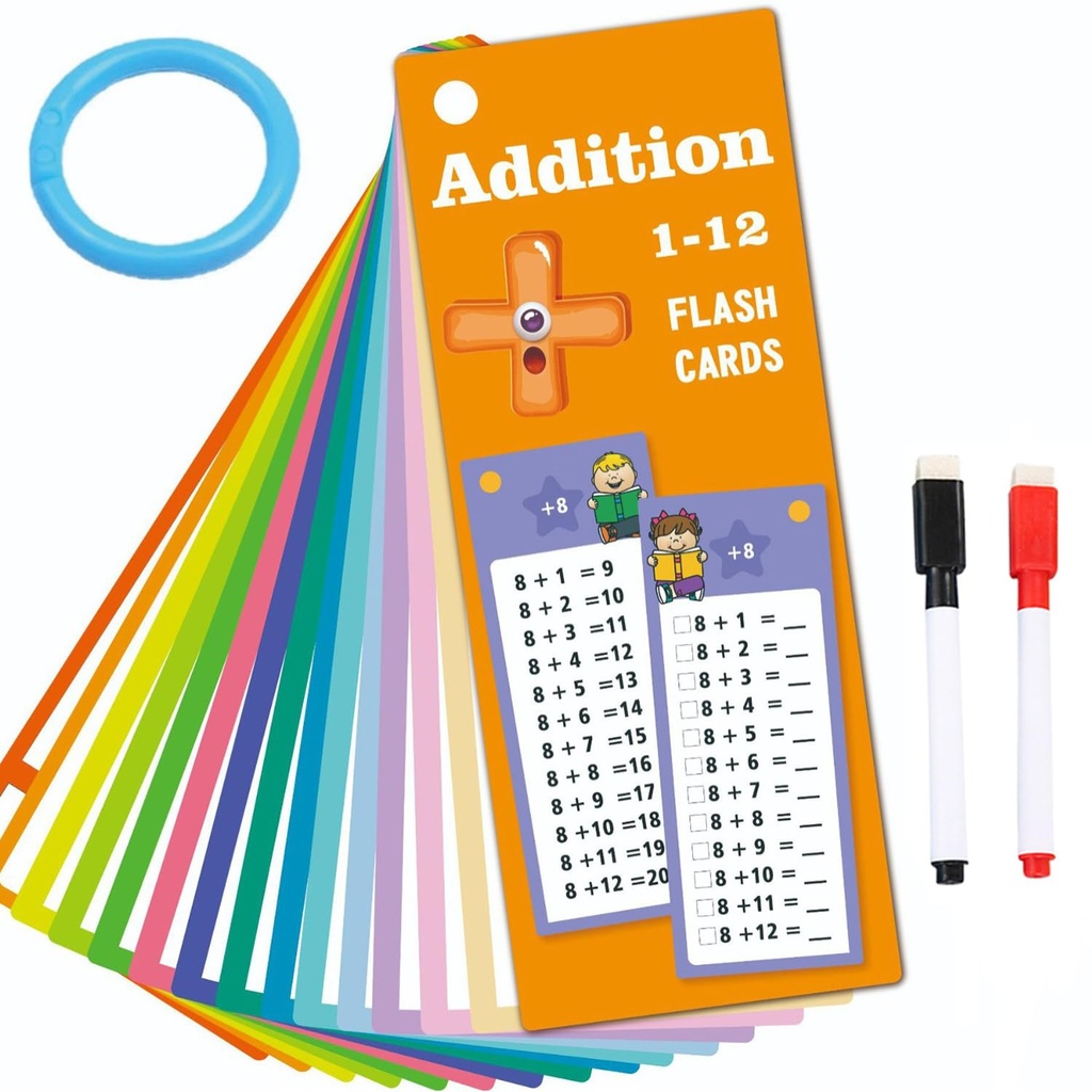 Acidea Addition Flash Cards 1-12, Math Facts Flashcards with 2 Dry Erase Pens 1 Rings, Math