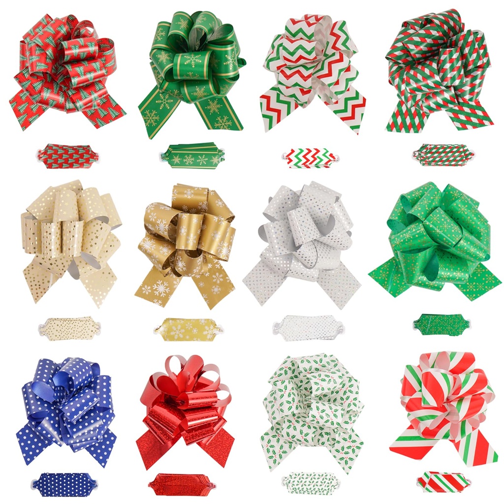 36PCS Christmas Pull Bows, 12 Designs x 3 Pieces, Easy-to-Use Christmas Bows for Gift Wrapp