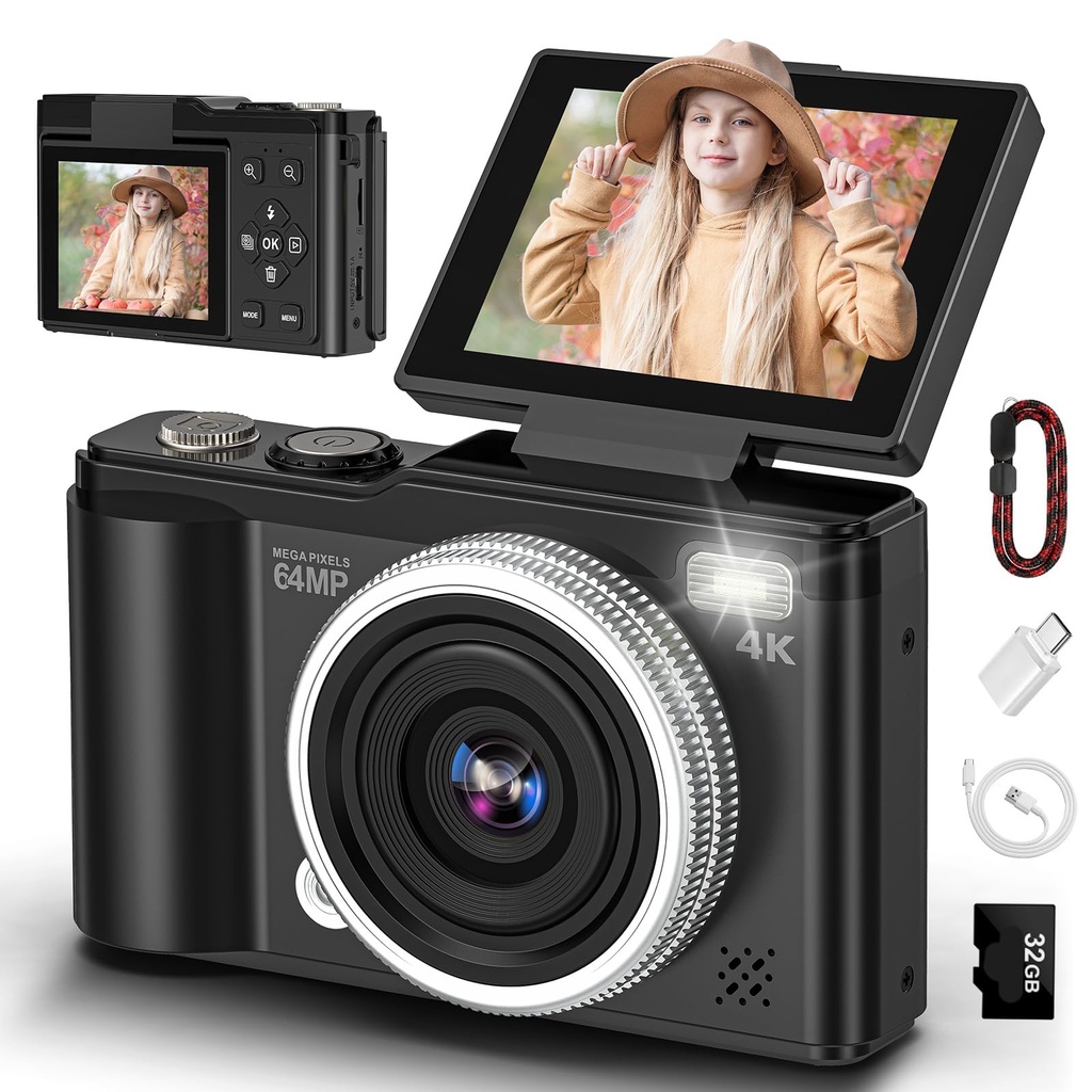 4K 64MP Digital Camera with 32GB TF Card, 180 Flip Screen Autofocus Camera