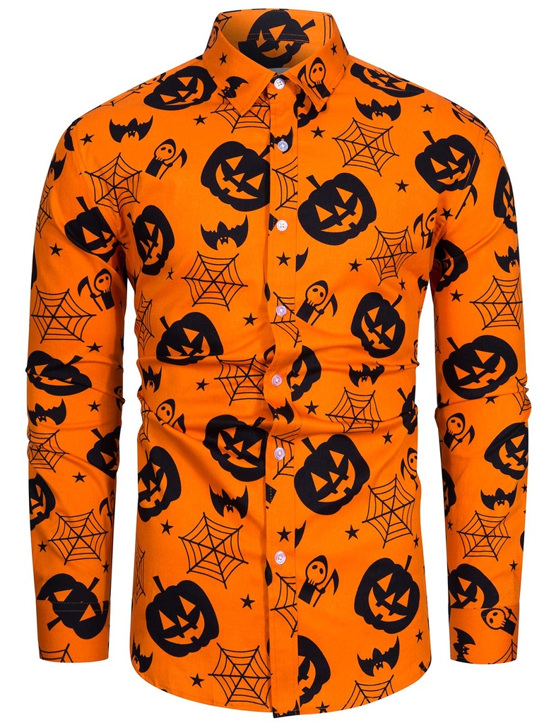 fohemr Mens Halloween Shirts Ugly Pumpkin Bat Print Long Sleeve Button Down Casual Jack-O-L