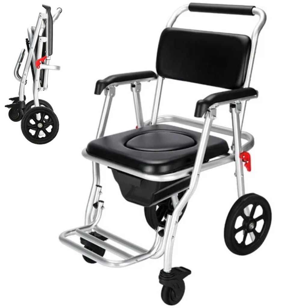 3-in-1 Shower Commode Wheelchair | Foldable Aluminium Wheeled Shower Chair with Padded Seat