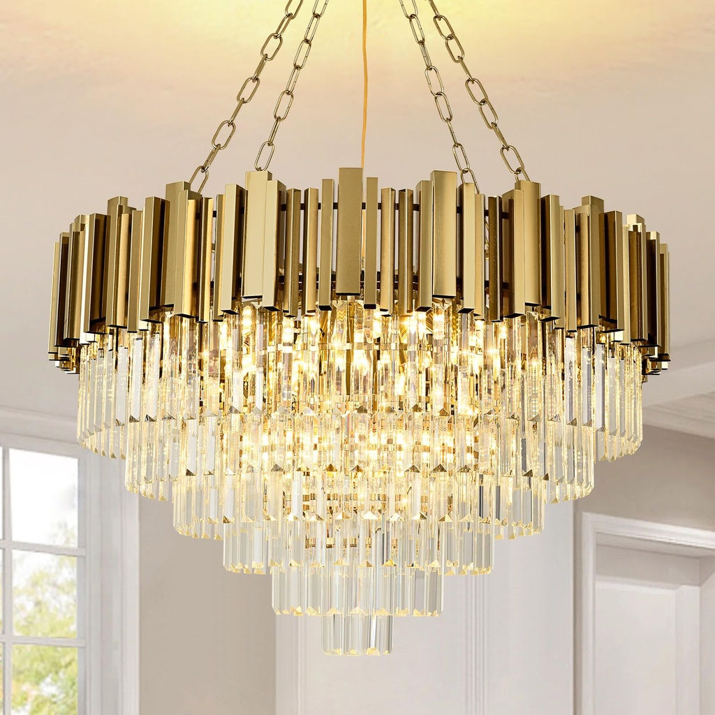 AOOCHOK Modern Crystal Chandelier Gold Pendant Light Fixtures, Round Crystal Pendant Lighting