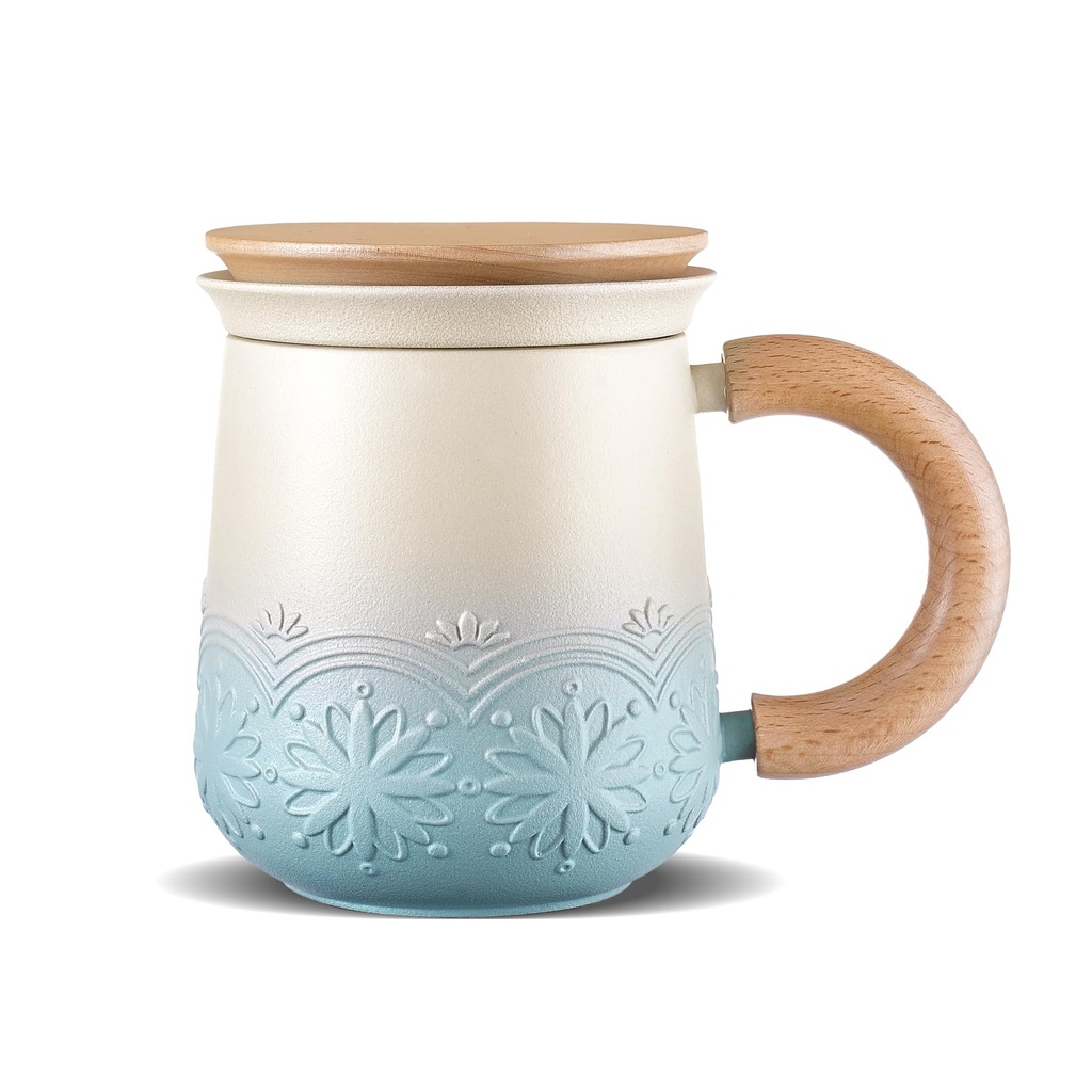 ZENS Embossed Ceramic Tea Cup with Strainers, 330 ml Gradient Blue Mug for Loose Leaf Tea L