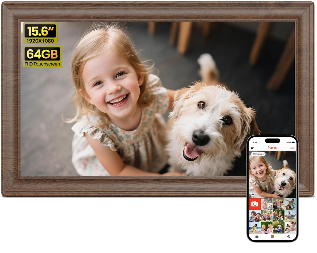 64GB 15.6" Frameo Digital Photo Frame WiFi Dark Wood - 1920 * 1080P FHD IPS Touch Screen 