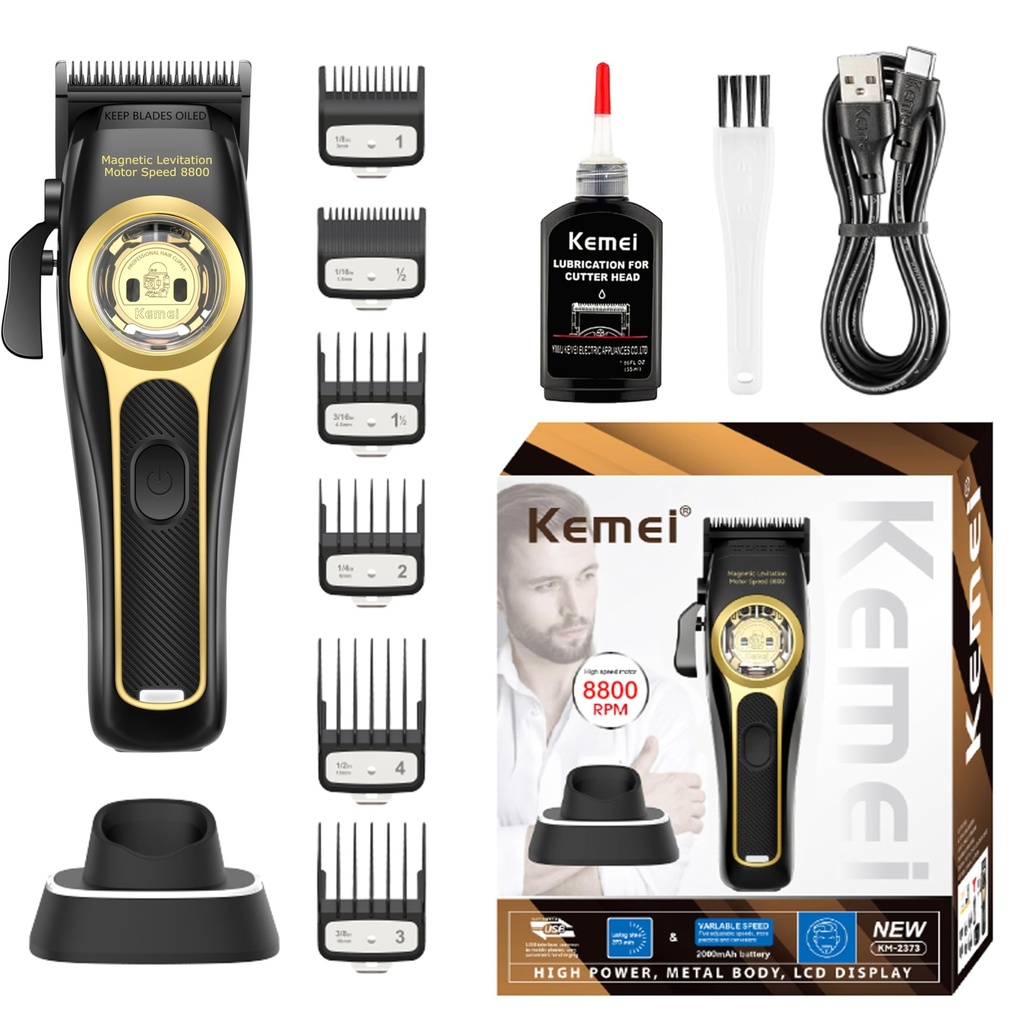 KEMEI 2373 Professional Hair Clippers for Men, Cordless Barber Clipper with 8800 RPM Magnet levitation Motor 