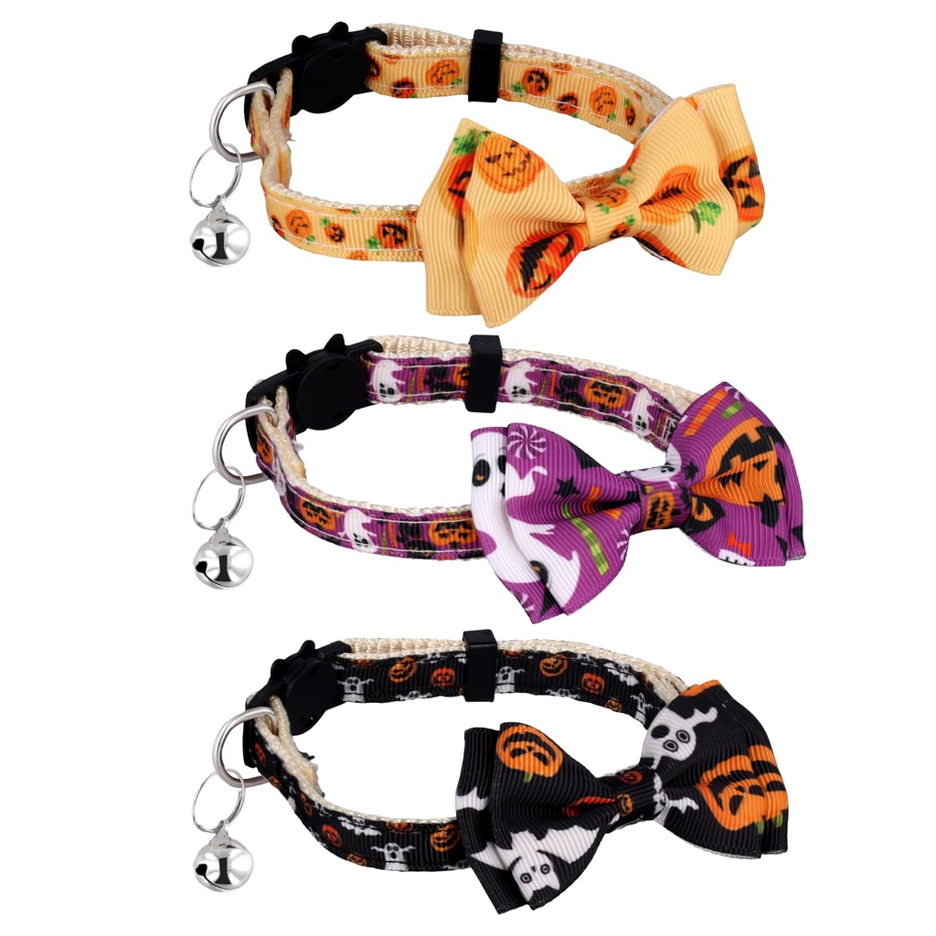 3pcs Halloween Cat Collar, Breakaway Kitty Collar with Bell Bow Tie Cute Kitten Collar Adju