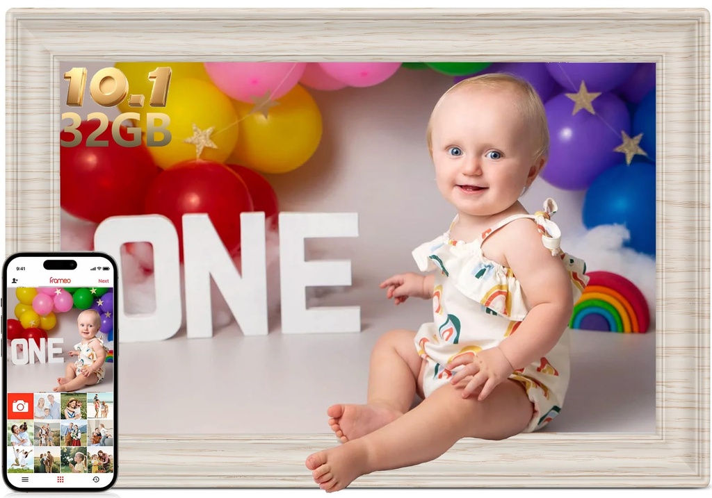 Frameo 10.1 Inch WiFi Digital Photo Frame with 32GB Memory, White Wood Digital Picture Frame