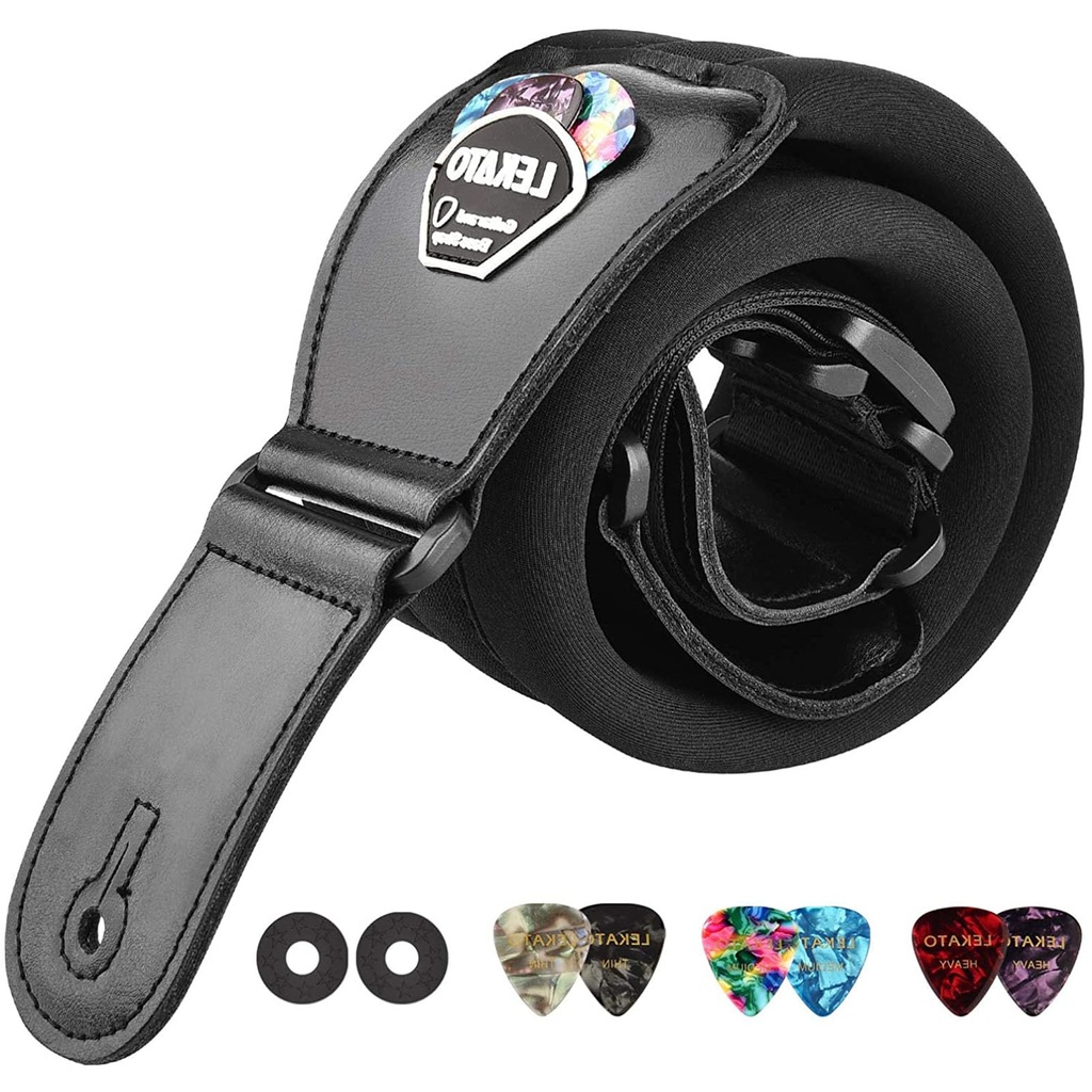 LEKATO Memory Foam Padded Guitar Strap with Genuine Leather Ends, Wide Comfortable