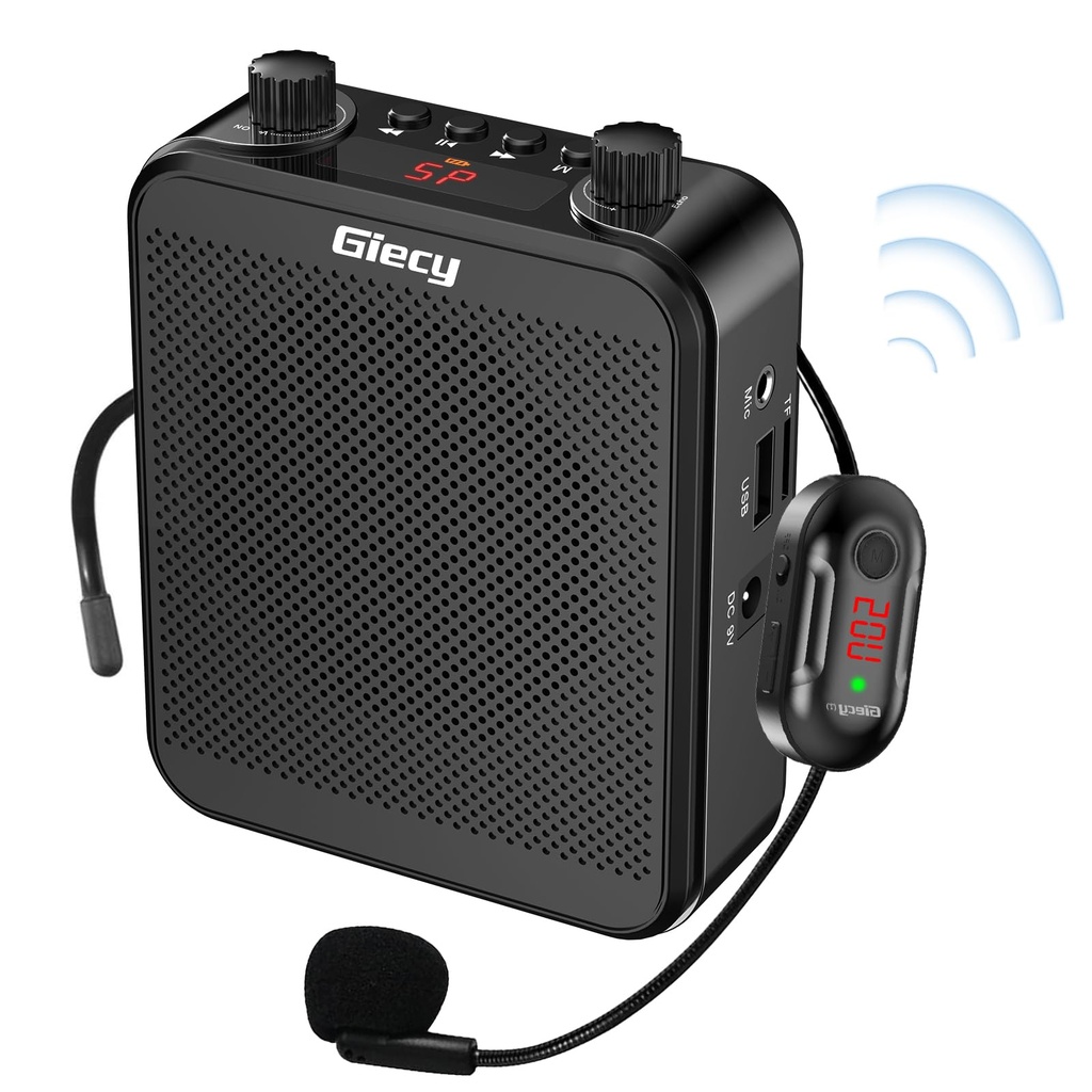Giecy Voice Amplifier with UHF Wrieless Microphone Headset, 30W Portable Bluetooth Rechargeable