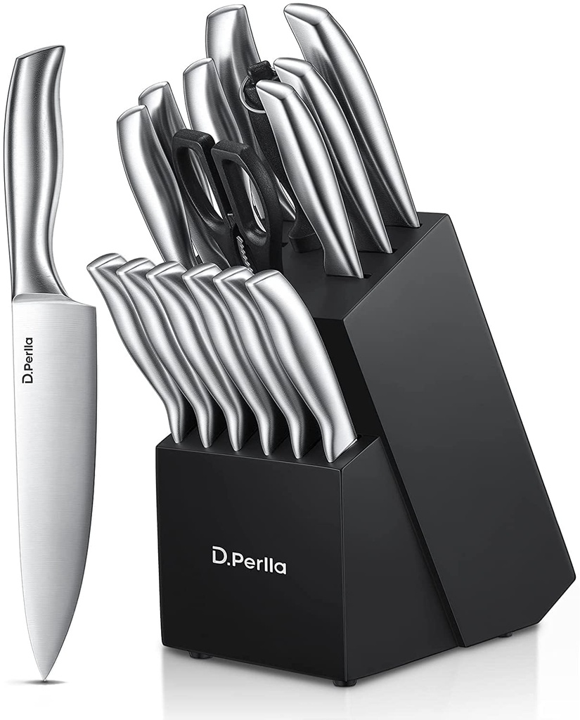 D.Perlla Knife Set, 16 Pieces High Grade Stainless Steel Kitchen Knives Set with Wooden Block