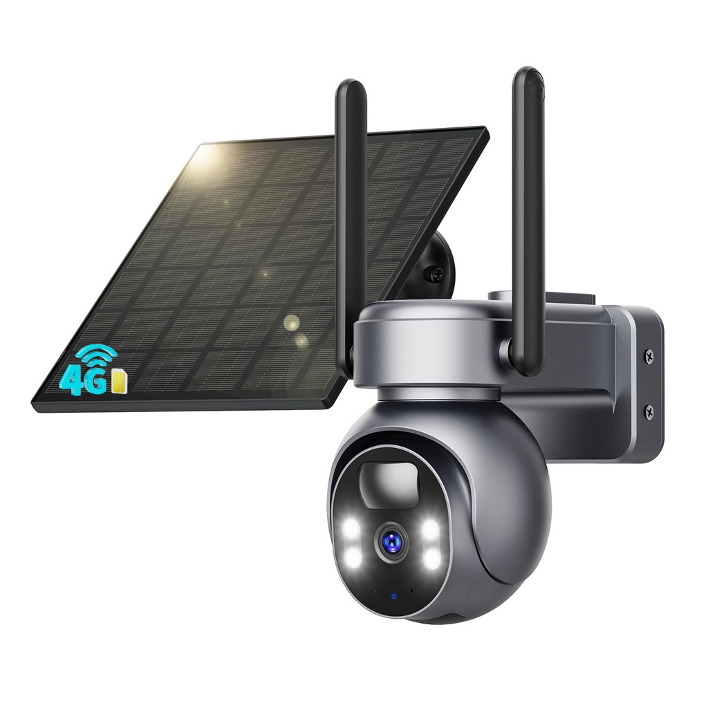SEHMUA 4G LTE Solar Outdoor Surveillance Camera with SIM Card - Night Vision Color 2K 3MP PT