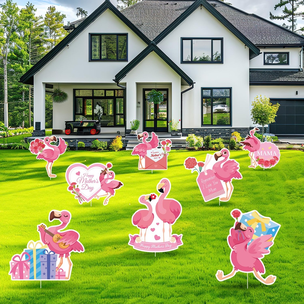 8pcs Mothers Day Flamingo Yard Signs, Happy Mother's Day Garden Lawn Signs Decorations with