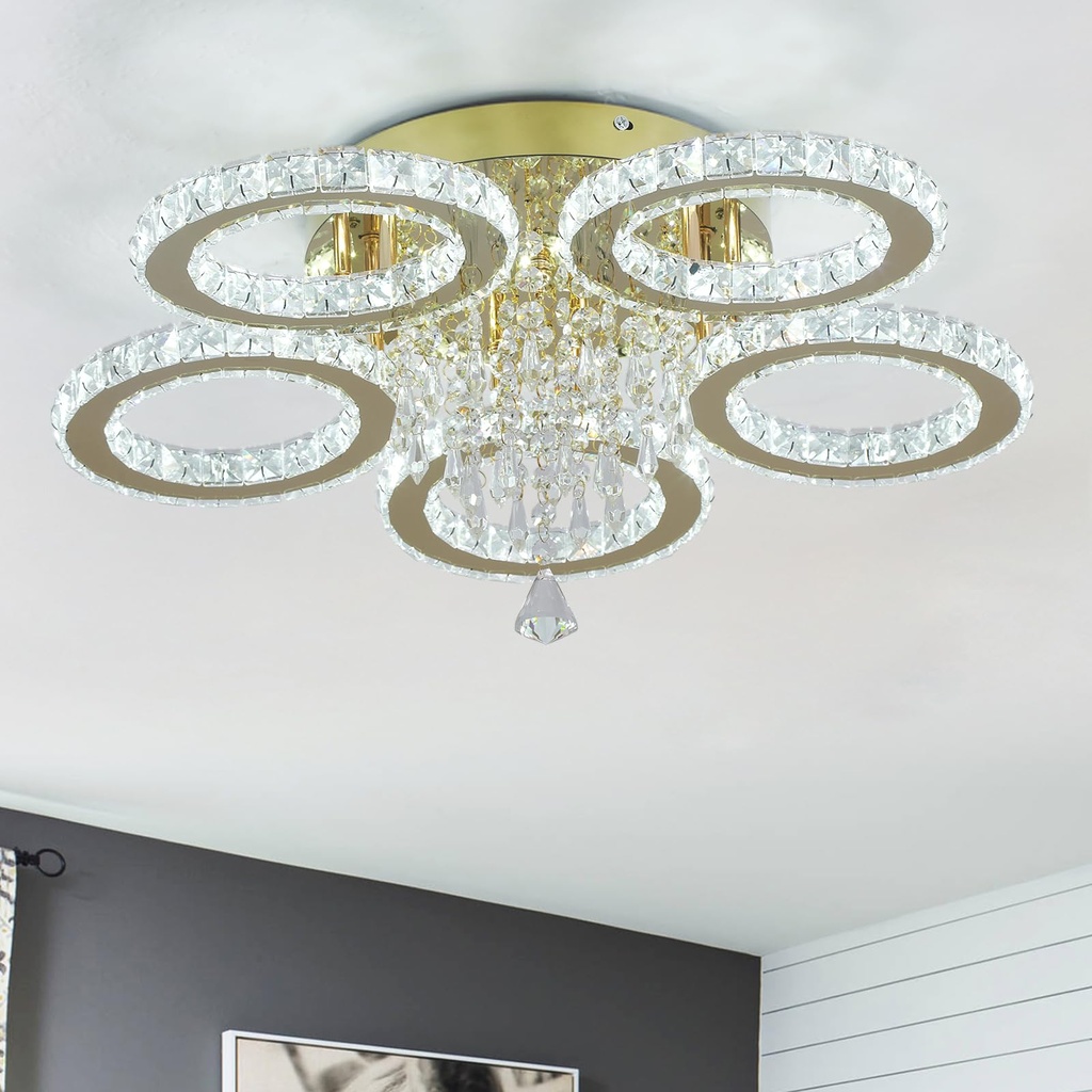 VETRULUS Modern Crystal Chandelier 5-Ring LED Lighting Gold Flush Mount Ceiling Light Fixture