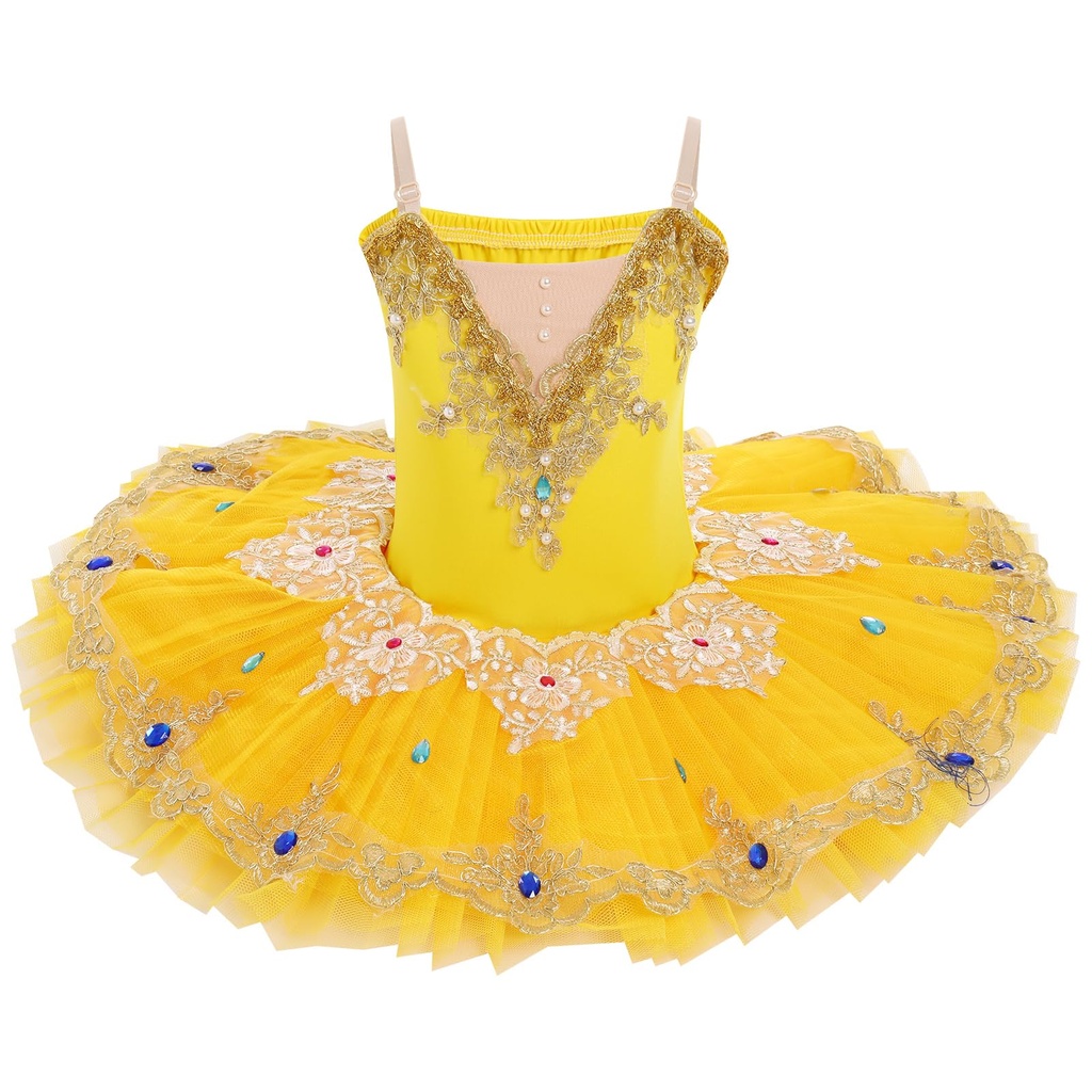 IDOPIP Kid Girls Ballet Dress Pancake Dance Performance Tutu Dress Pearls Rhinestone Floral