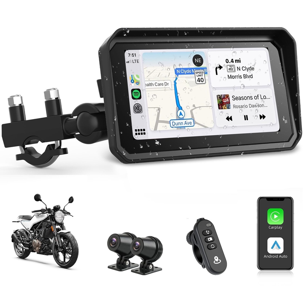 Jansite 6.25'' 4K Motorcycle CarPlay Android Auto Screen Motorbike Dash cam with Camera Front & Rear