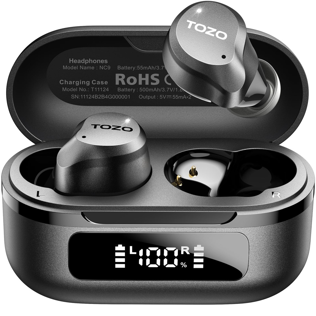 TOZO NC9 Hybrid Active Noise Cancelling Earbuds for Travel Work Calls, 45dB ANC Wireless 