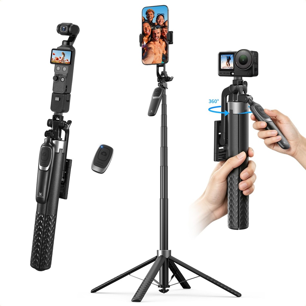 K&F CONCEPT 180 cm Phone Tripod, Auto-Opening Selfie Stick with 4-Leg Tripod Base, 360 Rotation