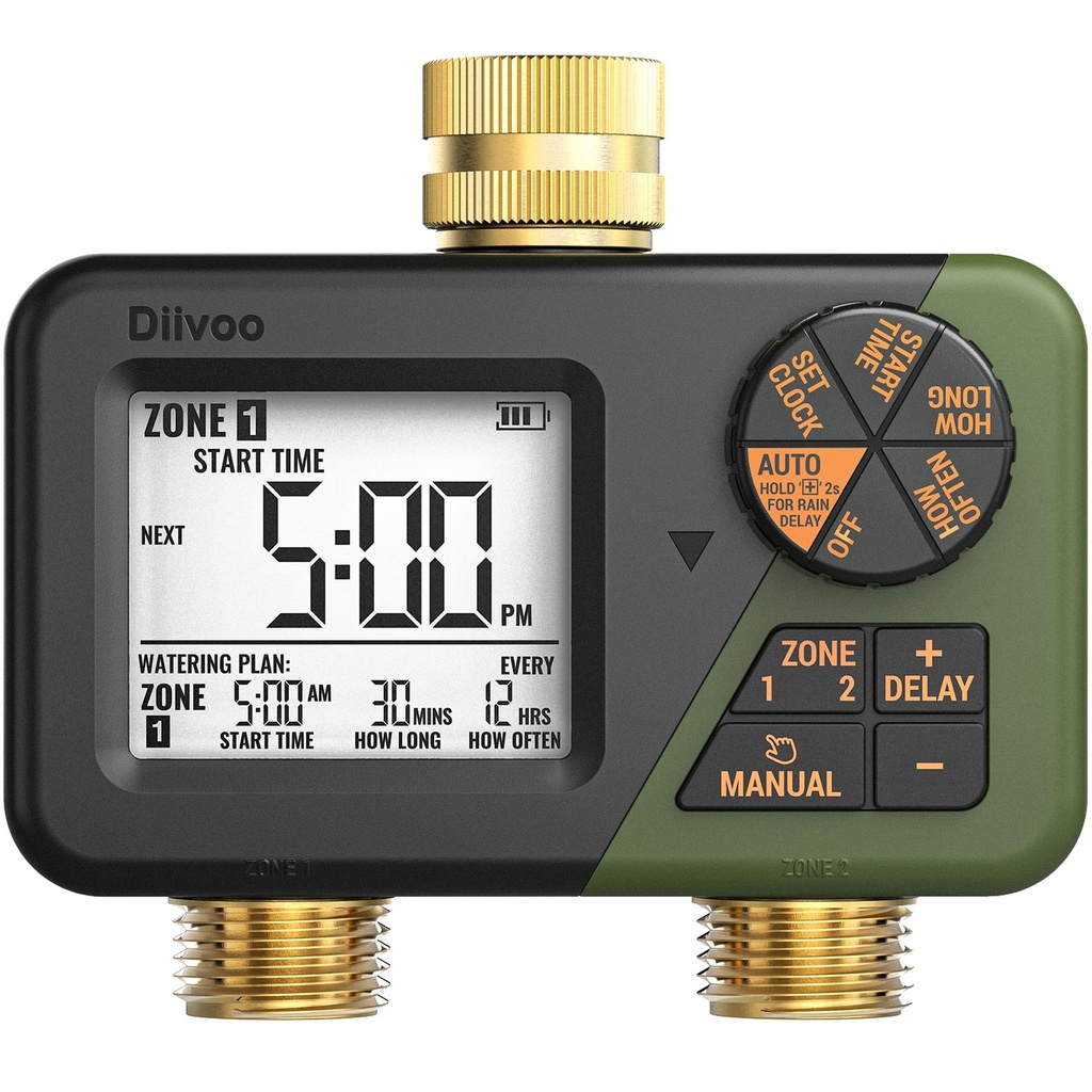 Diivoo 2 Zone Water Timer for Garden Hose, Programmable Sprinkler Hose Timer with Brass Inl