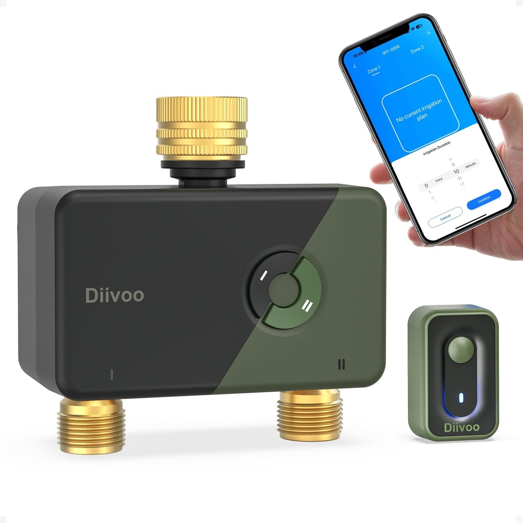 Diivoo WiFi Sprinkler Timer 2 Zone, Garden Hose/Tap Timer with Brass Inlet & Outlet, Progra