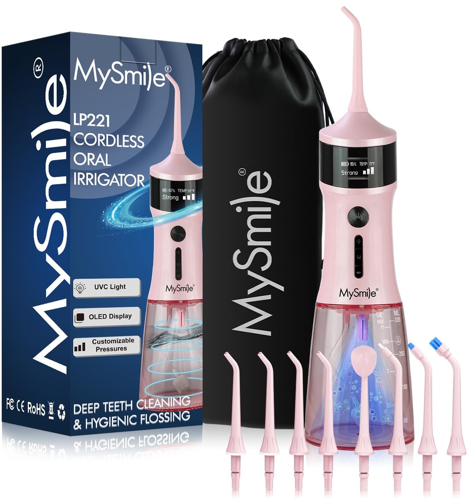 MySmile LP221 UVC Sterilizable Cordless Water Flossers for Teeth 335ML Portable OLED Displa