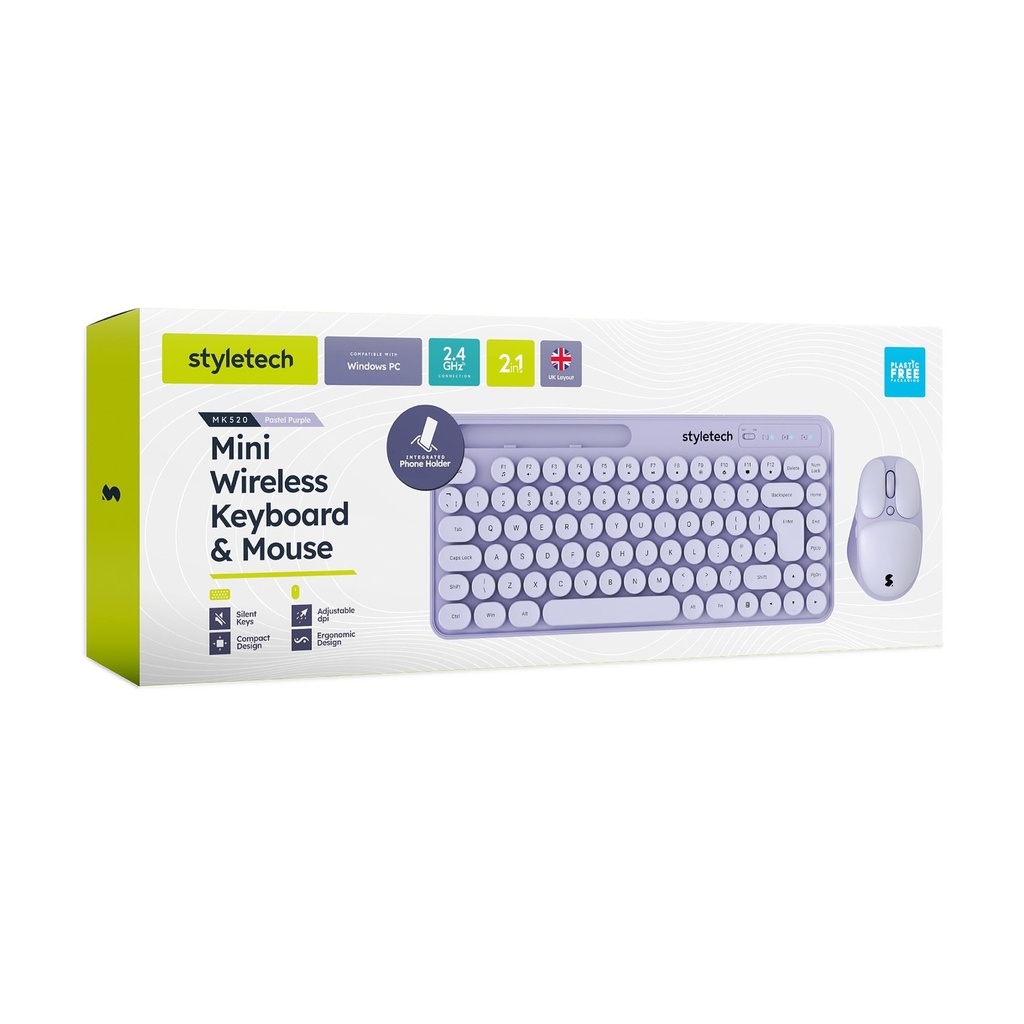 Styletech Wireless Pastel Keyboard and Mouse Bundle - Lavender
