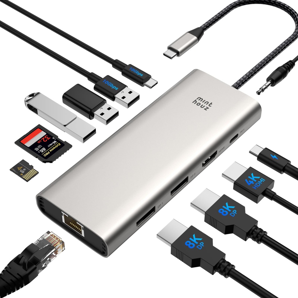 USB C Docking Station Triple Display Monitor for HP Lenovo Dell,Minthouz 12 in 1 USB C Hub