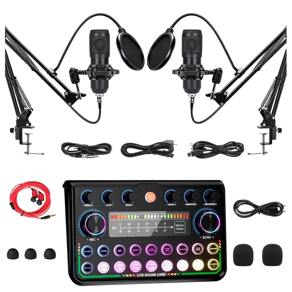 Podcast Equipment Bundle for 2 with Voice Changer Sound Card Audio Mixer,Streaming Microphone