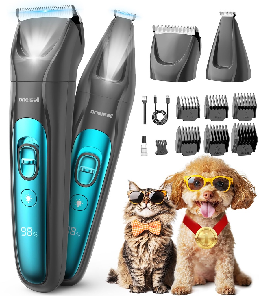 oneisall Dog Grooming Clippers & Paw Trimmer Kit 2-in-1,Pet Shaver with LED Light
