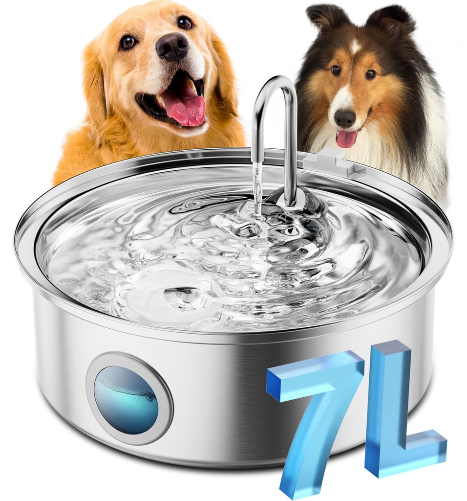oneisall Dog Water Fountain, 7L Quiet Stainless Steel Dog Water Fountain with Visual Water
