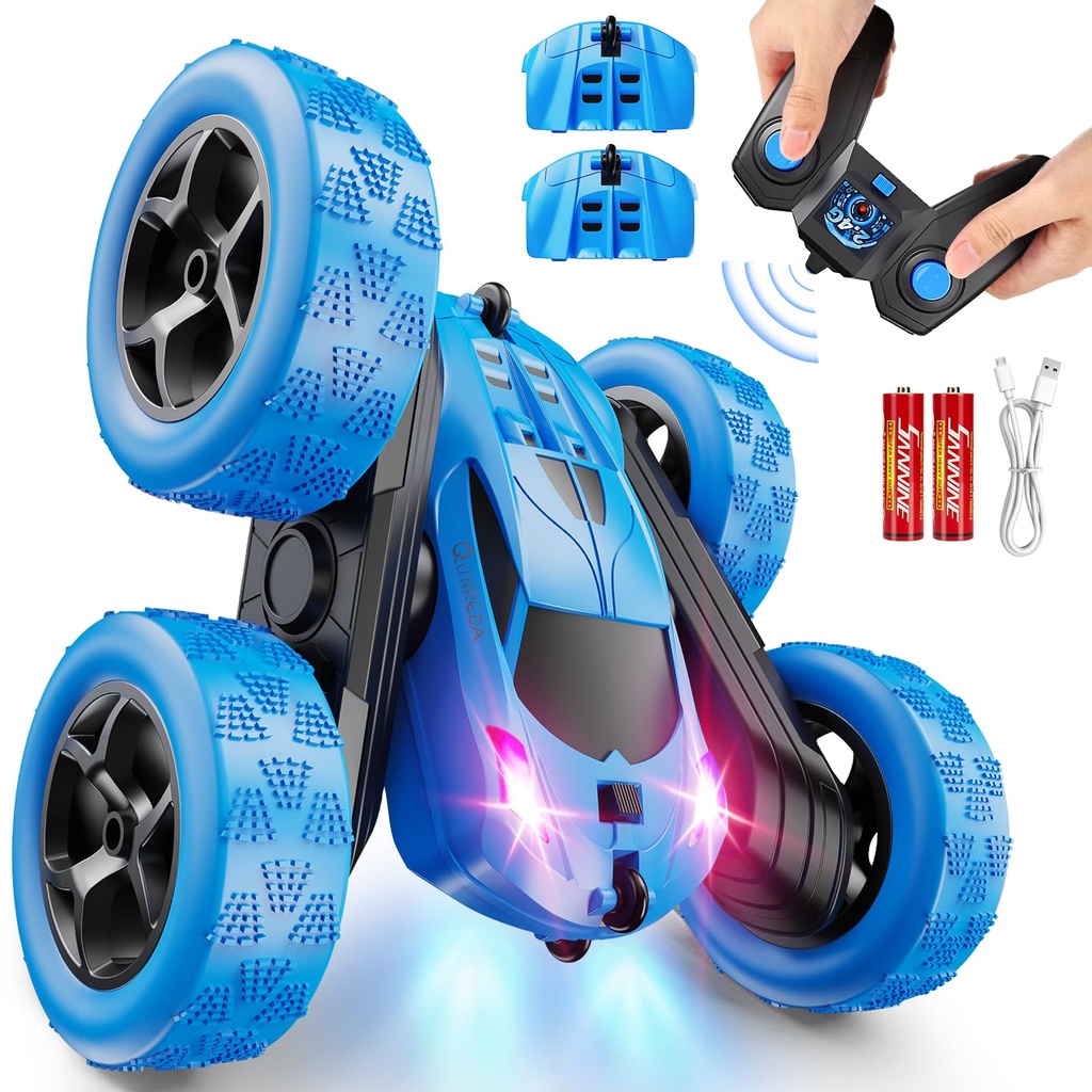 QUNREDA Remote Control Car, RC Cars Toys for Kids Ages 6-12, 4WD Stunt Car with LED Lights