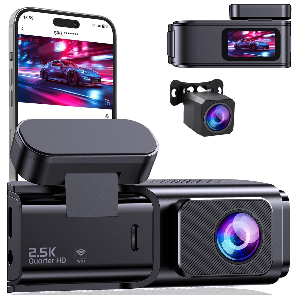 Dash Cam Front and Rear 2.5K+1080P, Ultra HD Dash Cam Built-in WiFi, Dual Car Camera with 1