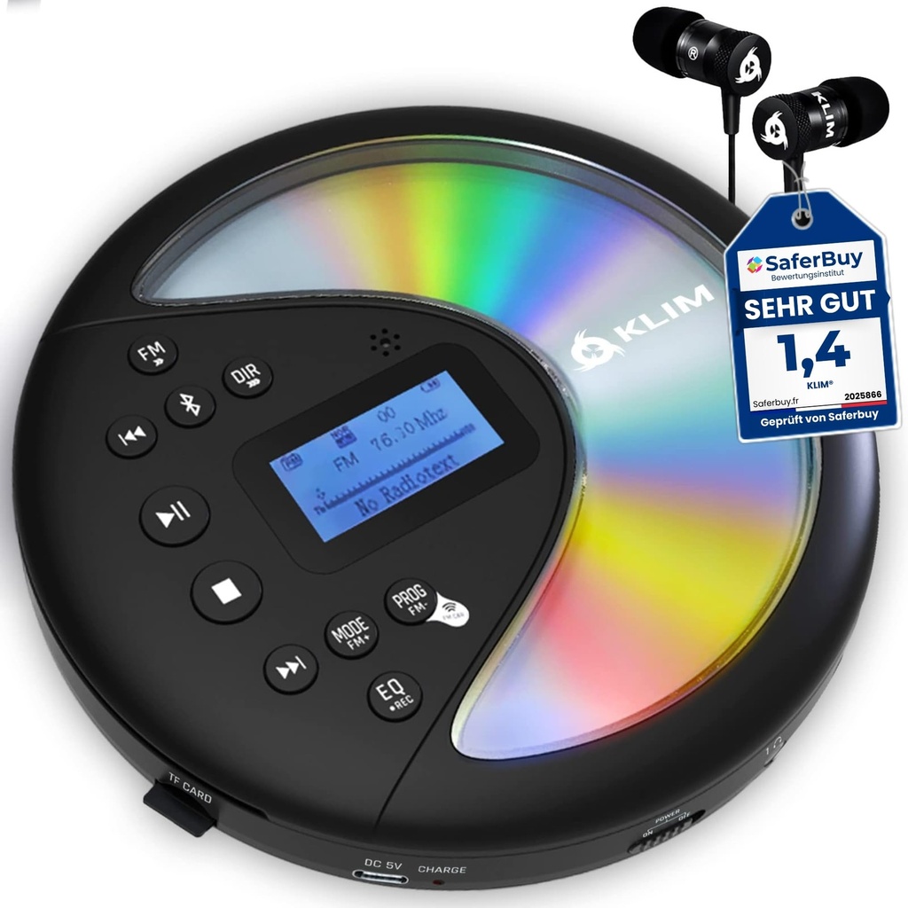 KLIM Discover - Portable CD Player with Long-lasting Battery - NEW - With Headphones - Radio