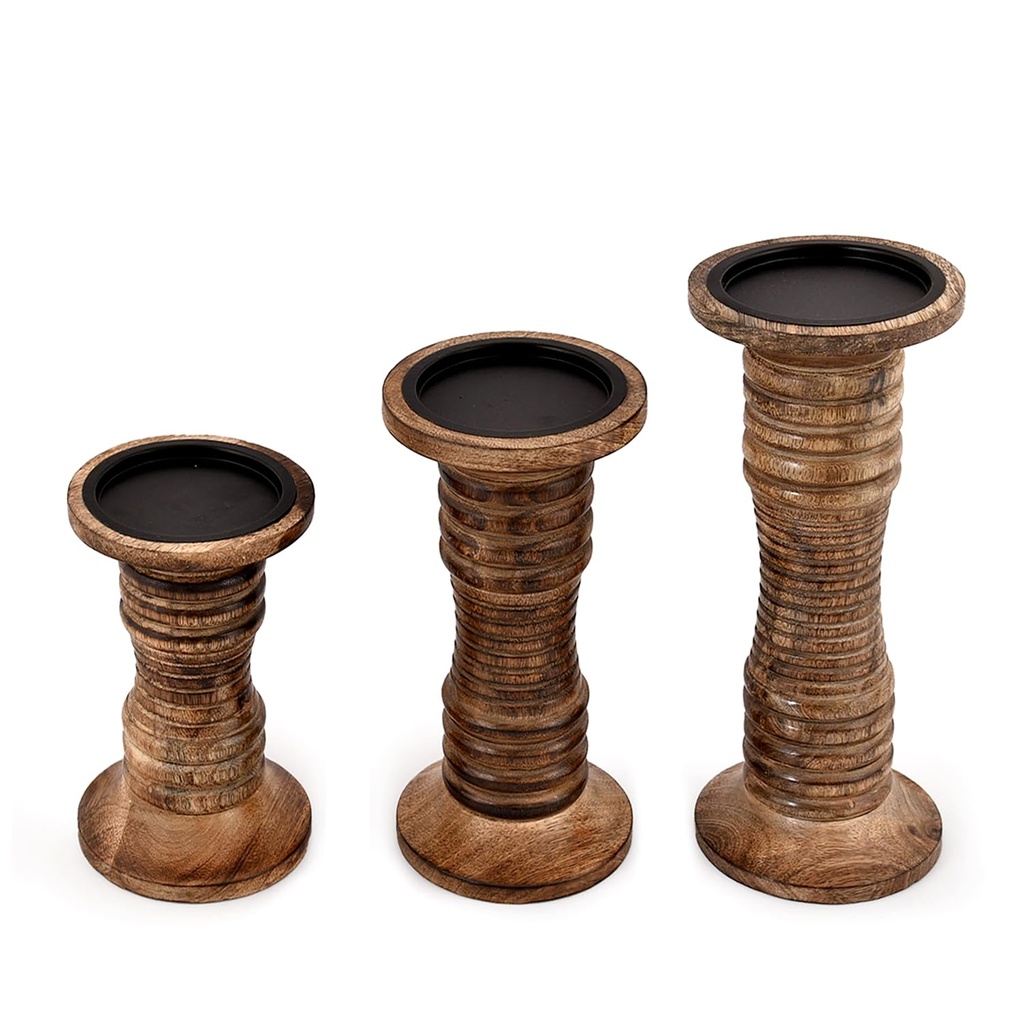 Hanol Candleholder Sets Mango Wood Set of 3 Natural Wood Finish for Mantle, Tabletop, or Ru