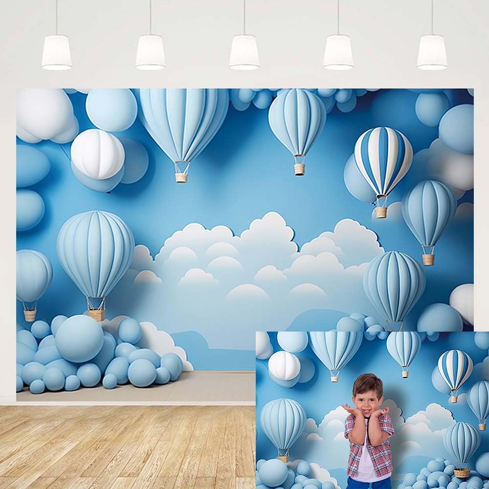MEHOFOND 10x7ft Boy Birthday Photography Backdrop White Clouds Blue Hot Air Balloon Portrai