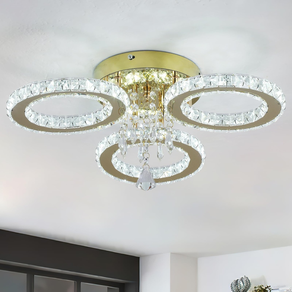 VETRULUS Modern Crystal LED Chandelier Gold Flush Mount Ceiling Light Fixture 3-Ring White