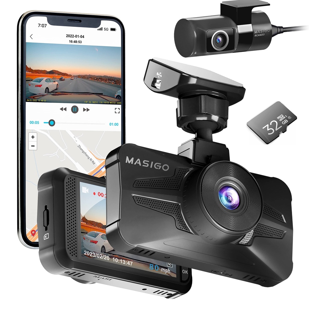 MASIGO A330D Dash Cam Front and Rear - Dual 1080P 60fps Dash Camera for Cars with WiFi, GPS