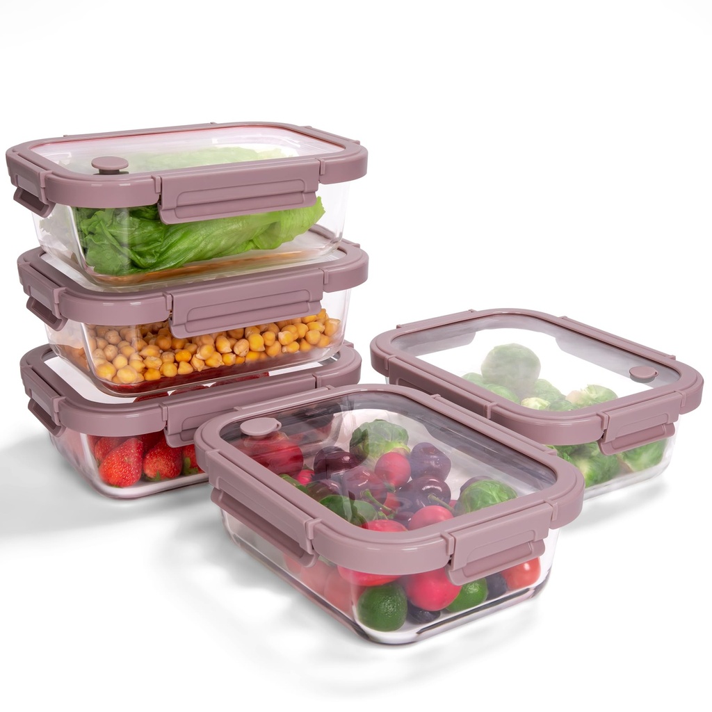 BOROHOUSE 35.2oz Glass Meal Prep Containers with Snap Lock Lids (5-Pack) - Freezer to Oven