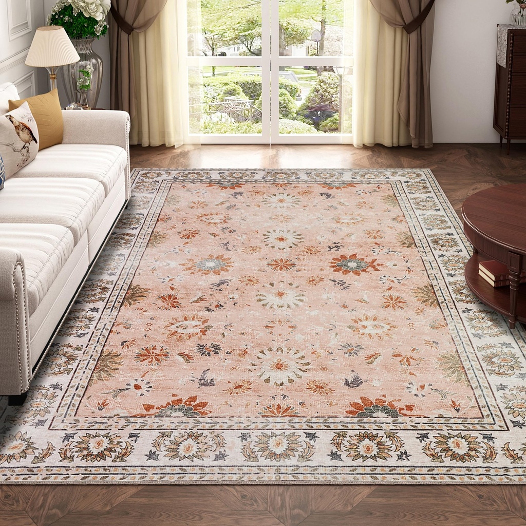Xfrog Machine Washable Rug Vintage Area Rug for Living Room Non-Slip Traditional Rug Carpet