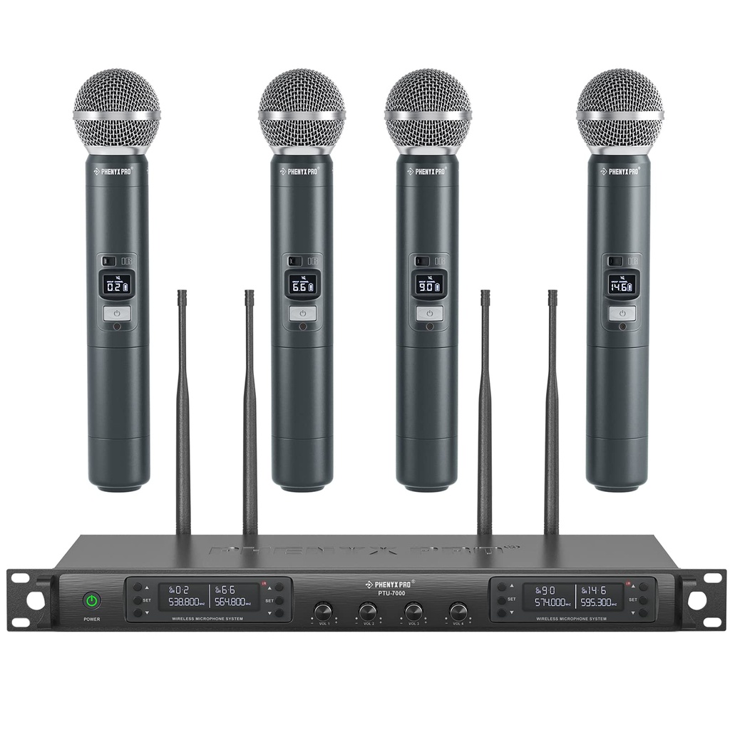 Phenyx Pro Wireless Microphone System, Quad Channel Wireless Mic, w/ 4 Handheld Microphones