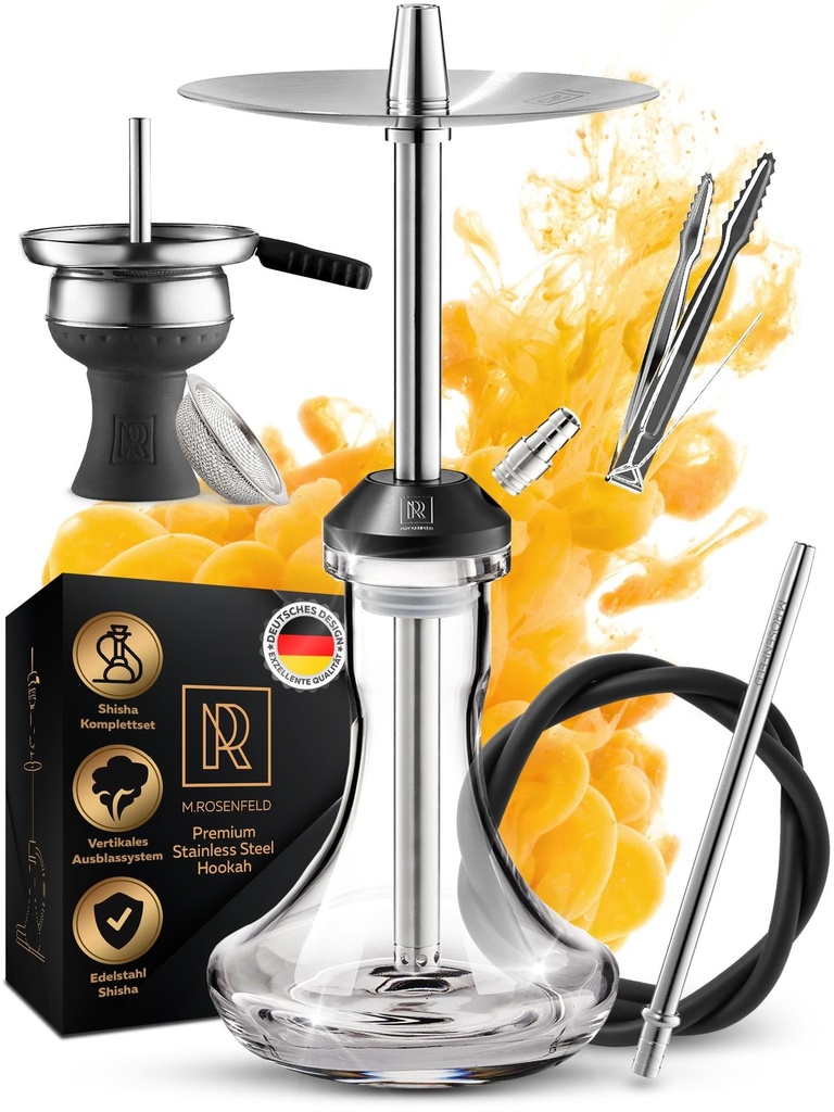 M. ROSENFELD Shisha Pipe Set Stainless Steel Complete Travel Shisha with Accessories - Hook