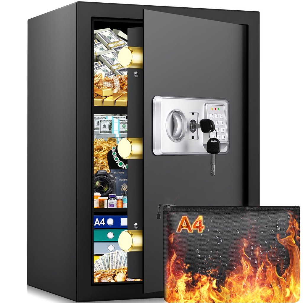 Mejasg Large Home Safe Box with A4 Document Bag and 2 Removable Shelves, 64L Safe for Home