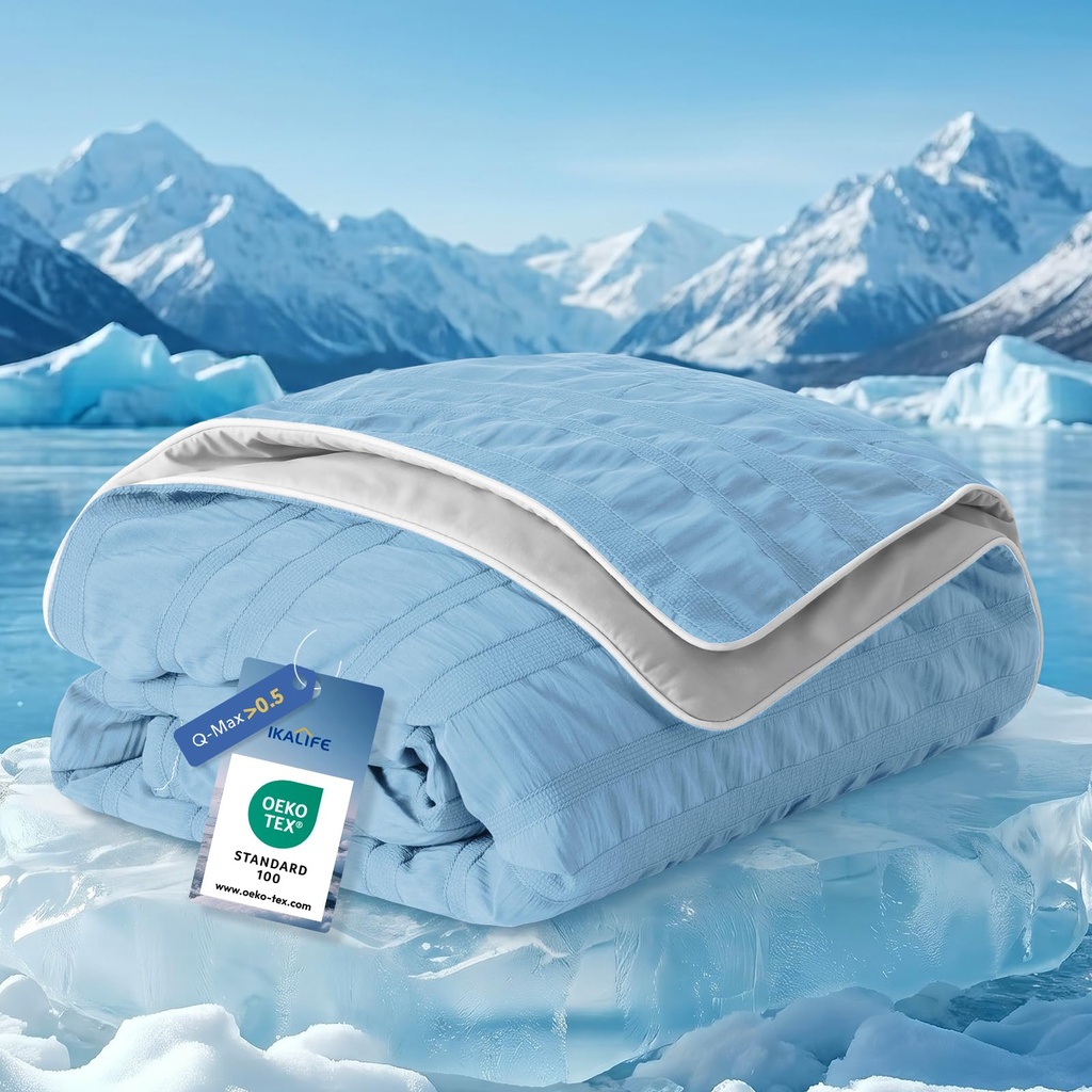 IKALIFE Seersucker Cooling Blanket, Q-Max>0.5 Soft Lightweight Cool Blanket for Hot Sleeper