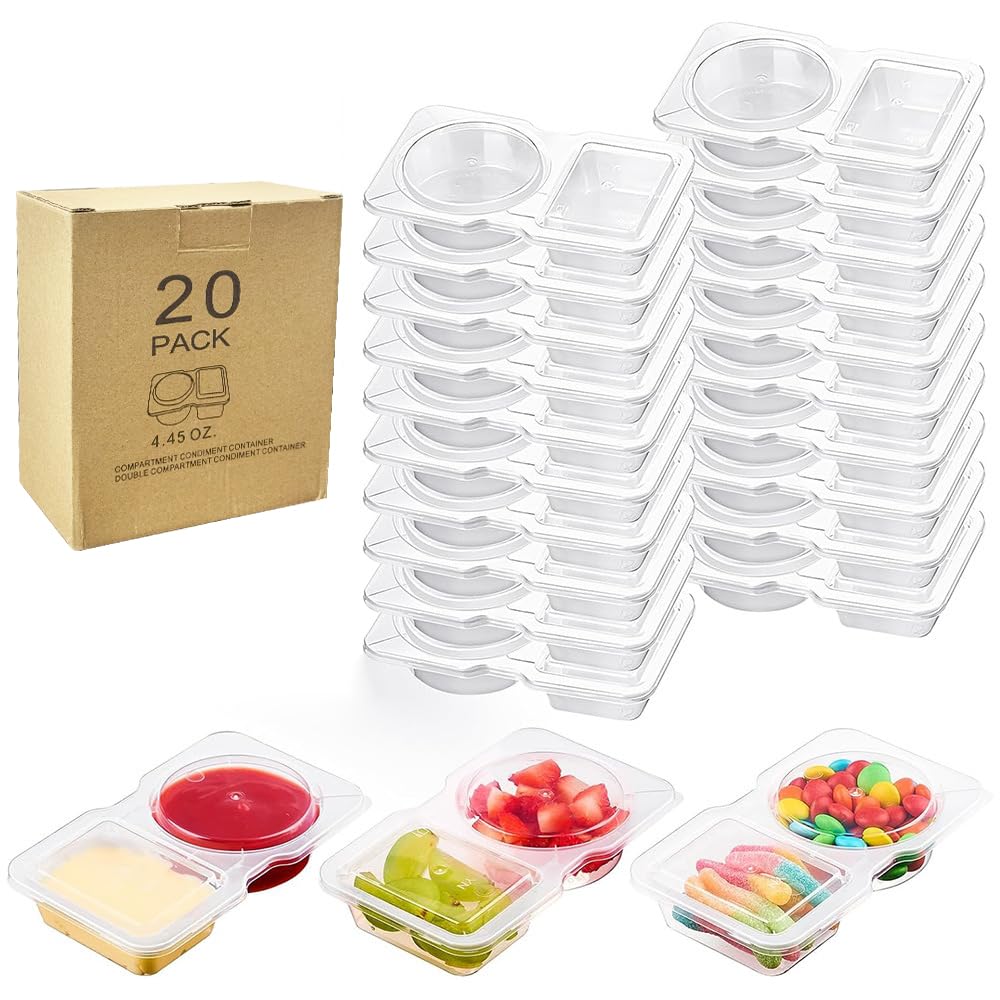yongyongbuy 20pcs double compartment condiment container, reusable snack packaging containe