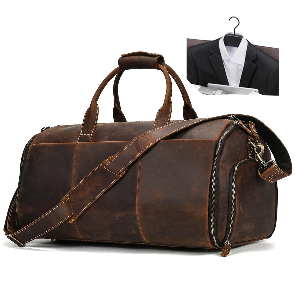 LUUFAN Genuine Leather Travel Bag Large Capacity Weekend Garment Bag with Shoe Compartment