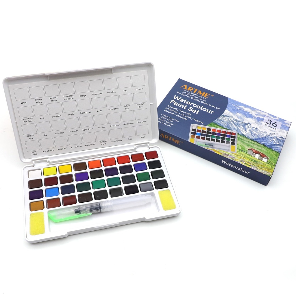 Artme Watercolour Cube Painting Set in Carry Case With a Brush - 36 Vibrant Colours, Essent