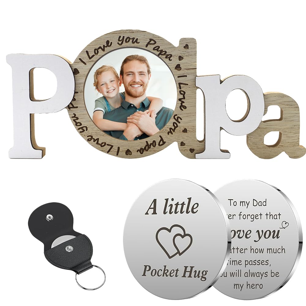 Personalised Dad Photo Frame and Dad Keyring Set - Customised Pocket Hug Gifts for Dad from