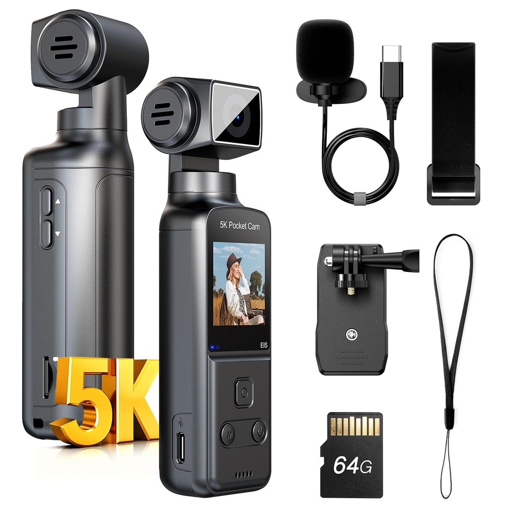 BOBLOV 5K W5 Body Camera, 64GB Mini Action Camera with External Microphone, 270Ã‚Â° Rotate L
