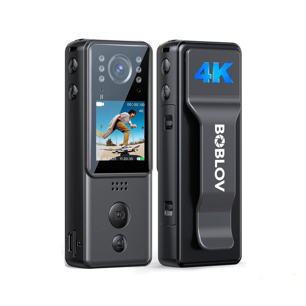 BOBLOV Mini Body Camera 4K with Rotation Lens, Small Bodycams with Night Vision, 2X 1400mAh
